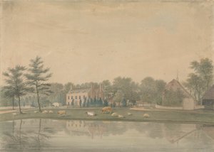 Noordoostelijk Uitzicht op een Huis in Ringmer met Vee en Schapen bij een Vijver door James Lambert  of Lewes