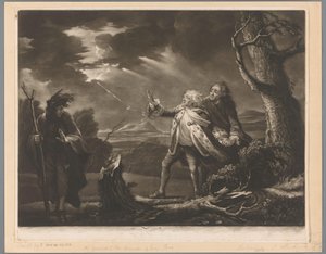 David Garrick als koning Lear met de graaf van Kent en Edgar vermomd als Tom in een stormachtig landschap door James McArdell