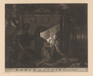 Julia knielt bij het lichaam van Romeo en kijkt naar een monnik met een lantaarn Romeo en Julia, Act V. Scene IV. (titel op object) door James McArdell