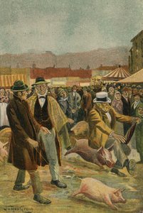 Een Ierse varkensmarkt (kleurenlitho) door James McGavin Greig