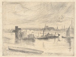 Dageraad in Battersea (Cadogan Pier), uit de Theemsreeks (een serie van zestien etsen met scènes aan de Theems en andere onderwerpen) door James McNeill Whistler