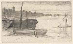 Chelsea Bridge en Kerk, uit de Thames Set (Een Serie van Zestien Etsen van Scènes aan de Theems en Andere Onderwerpen) door James Abbott McNeill Whistler