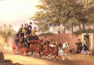 Een postkoets die reizigers op een weg passeert