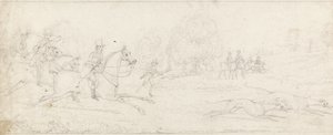 Coursing, een groep ruiters galopperend van links na een paar windhonden door James Pollard