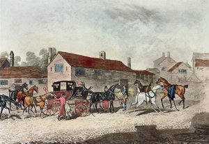 De postkoets wisselt van paarden, gegraveerd door R. Havell, 1815 door James Pollard