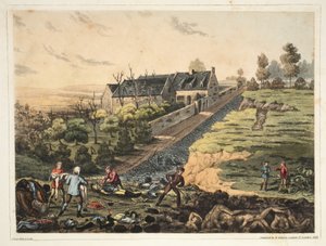 Een vooraanzicht van de boerderij bij La Haye Sainte door James Rouse