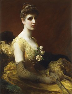 Portret van Lady Dixon van Rheda, driekwart lengte, zittend in een gele jurk met bloemen en een waaier door James Sant