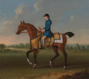 Een bruine renpaard met jockey door James Seymour