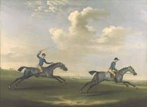 Twee renpaarden worden geoefend