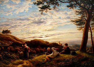 Herderjongens die hun kudde hoeden bij zonsondergang door James Thomas Linnell