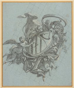 Een wapenschild met een hoorn en drie kettingen vastgehouden door een engel en twee putti door James Thornhill
