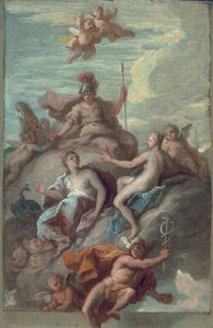 Juno, Minerva en Venus sturen Mercurius met de appel van onenigheid, ca. 1718