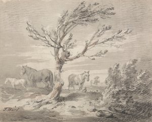 Landschap met Drie Paarden en een Boom op de Voorgrond door James Ward