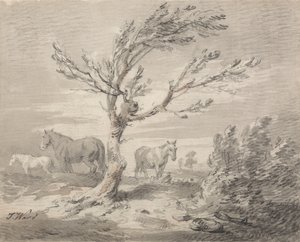 Landschap met drie paarden en een boom op de voorgrond door James Ward