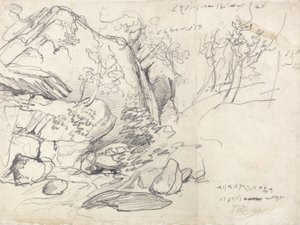 Studie van een berg met bomen door James Ward
