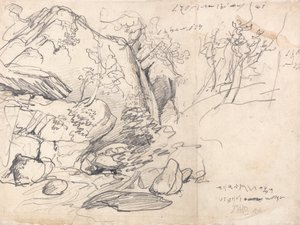 Studie van een berg met bomen door James Ward