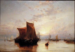 Nederlandse boten in de windstilte bij zonsopgang
