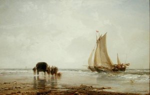Op het Strand: Twee Vissersboten en een Groep Vrouwen