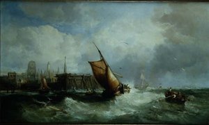 Schepen bij een haven door James Webb