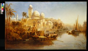 Vaartuigen afgemeerd bij de Trappen van een Moors Paleis, 1875 door James Webb