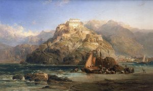 Uitzicht op San Sebastian (Spanje), in het midden, de berg Urgull en de gebouwen van het kasteel van Santa Cruz de la Mota. Olie op doek door James Webb (actief tussen 1853 en 1888) door James Webb