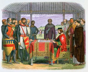 Illustratie van koning Jan die de Magna Carta ondertekent, 19e eeuw