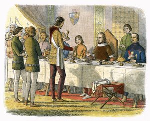 Prins Edward bedient koning Jan van Artois aan tafel na hem te hebben verslagen bij Poitiers