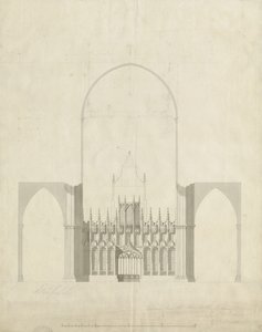 Interieur van Lichfield Kathedraal - Ingang van Koor naar Schip: Tekening en Wassing, nd [c 1780] door James Wyatt