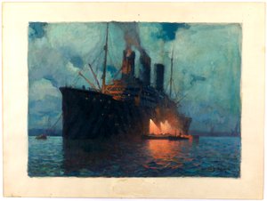 Coaling a Transport at Night, c.1919 (olieverf op karton) door James de Vine Aylward