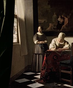 Dame die een brief schrijft met haar Dienstmeid, ca. 1670 door Johannes Vermeer