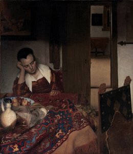 Een slapend meisje (detail) door Johannes Vermeer
