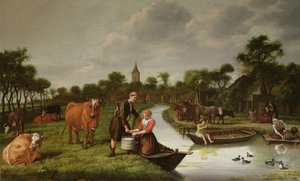 Rivierlandschap met een stel dat een melkbus draagt