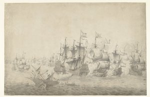 Een zeeslag, mogelijk bij Lowestoft op 13 juni 1665 (linkerblad) door Jan Abrahamsz. Beerstraten (possibly)