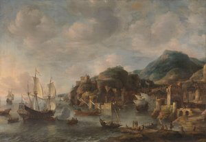 Nederlandse schepen in een buitenlandse haven door Jan Abrahamsz. Beerstraten
