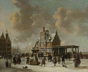Het Paalhuis en de Nieuwe Brug, Amsterdam, in de Winter door Jan Abrahamsz. Beerstraten