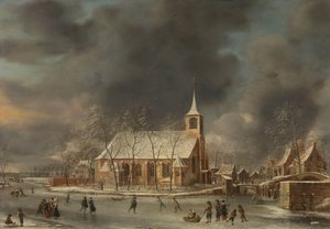Gezicht op de Kerk van Sloten in de Winter