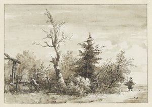 Landschap met bomengroep en rechts een sprokkelaarster