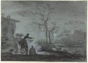 Herders bij een kampvuur bij maanlicht door Jan Asselijn (possibly)