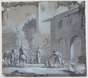Byscene met een open poort, figuren en dieren door Jan Asselijn