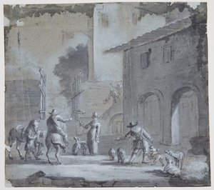 Byscene met een open poort, figuren en dieren