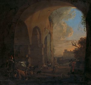 Veedrijvers met vee onder een boog van het Colosseum in Rome