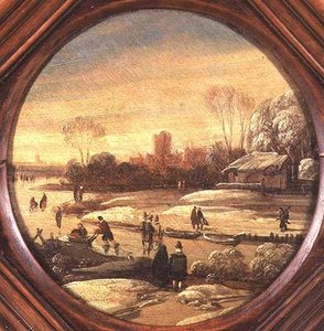 Een winterlandschap met schaatsers op een bevroren waterweg door Jan Asselyn