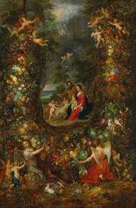 De Heilige Familie omringd door een vruchtenslinger ondersteund door putti (olieverf op paneel) door Jan & Balen Hendrik van (1575-1632) Brueghel