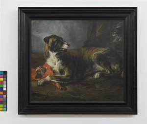 Een zwijnenhond met een stuk vlees bij een woedende kat, ca.1647-55