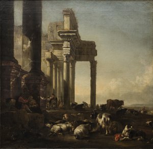 Italiaans landschap met boeren, vee en schapen bij klassieke ruïnes, ca. 1650s (olie op doek)