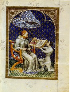 Jean de Vaudetar presenteert zijn geschenk van een boek aan Karel V van Frankrijk. Uit de Bijbel historiale van Jean de Vaudetar, 1372 door Jan Bondol
