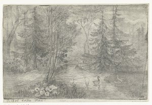 Bosvijver met eenden door Jan Bos Wz. (signed by artist)