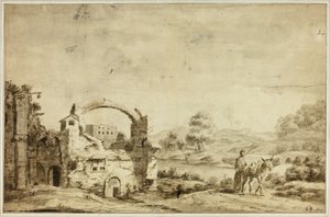 Italiaans landschap met ruïnes, vrouw en ezel door Jan Both