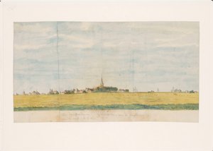 Het dorp Overdiem bij Amsterdam aan de Zuiderzee, van de landzijde te zien