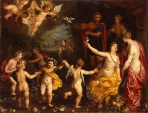 Allegorie van de liefde: Venus met een paar vastgebonden duiven, met Ceres, Apollo en Diana, omringd door dansende putti, in een landschap door Jan Brueghel the Elder